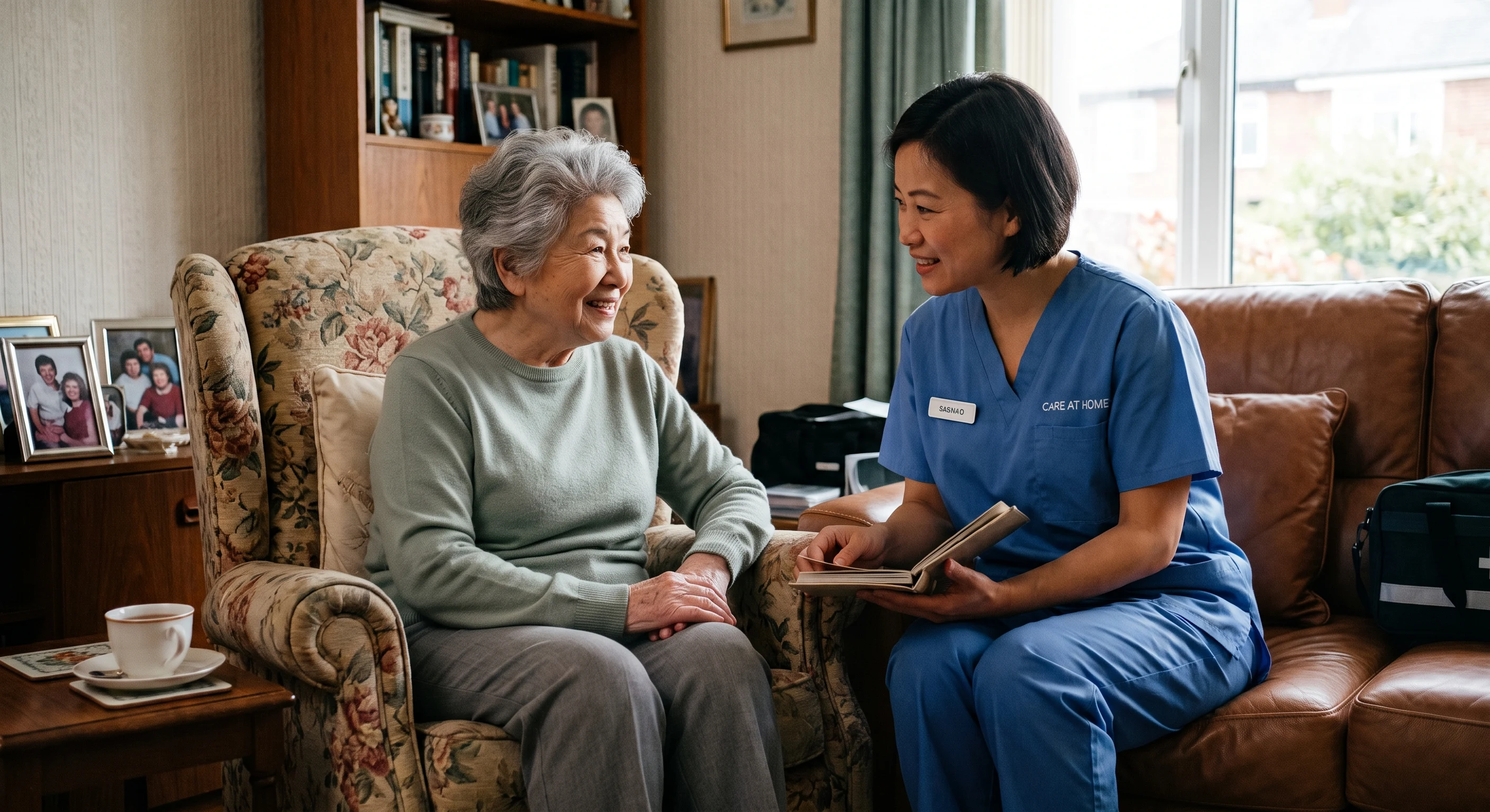 A home caregiver speaking with an older woman in her living room