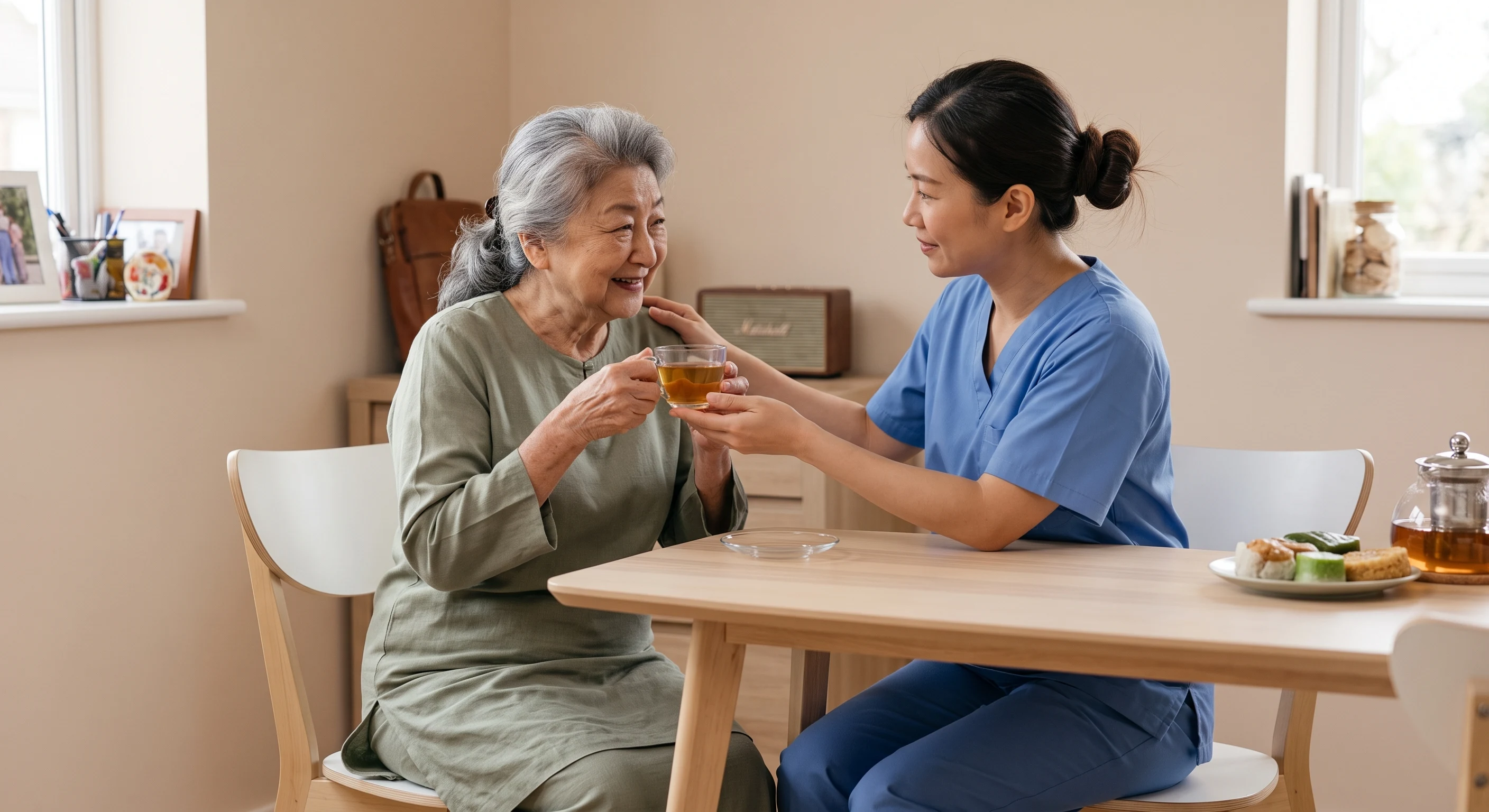 A caregiver helping an older woman with a calm daily routine at home