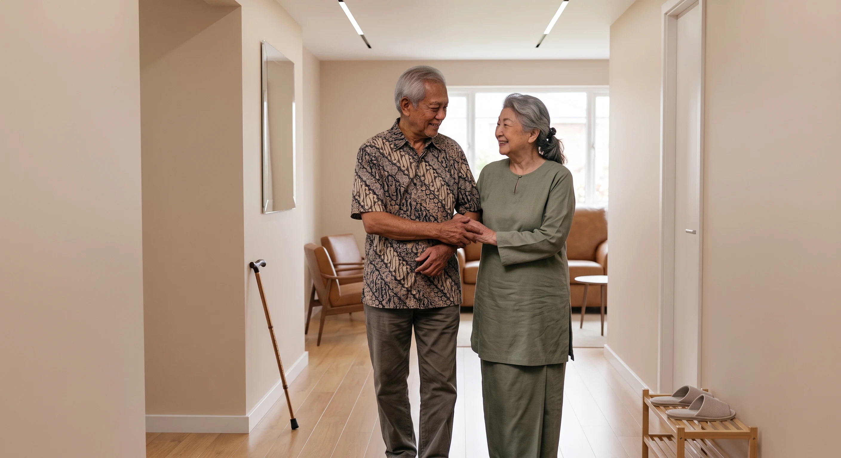 An older couple supporting one another while walking safely at home