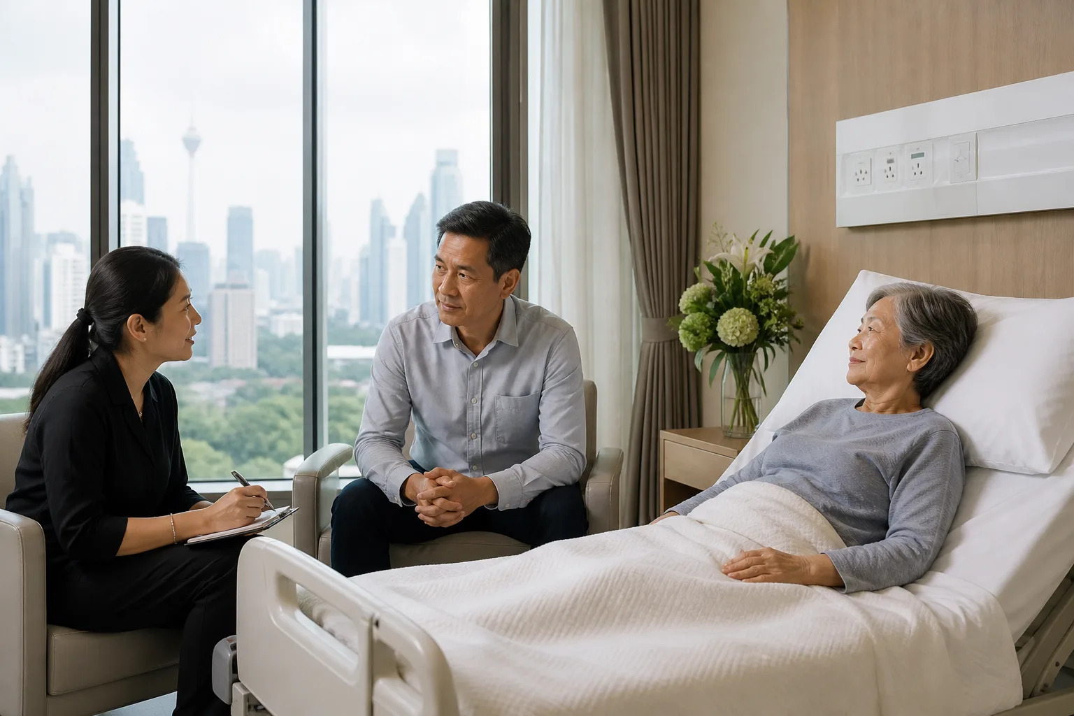 A family discussing bedside care in a hospital room