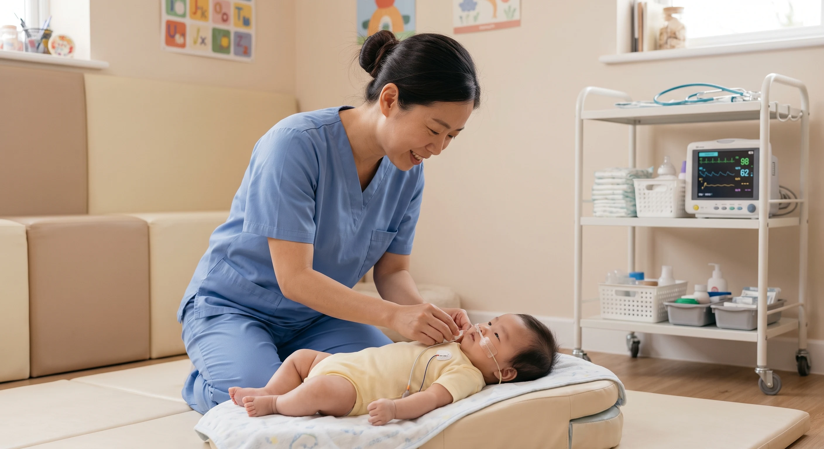 A pediatric nurse caring for an infant in a home setting