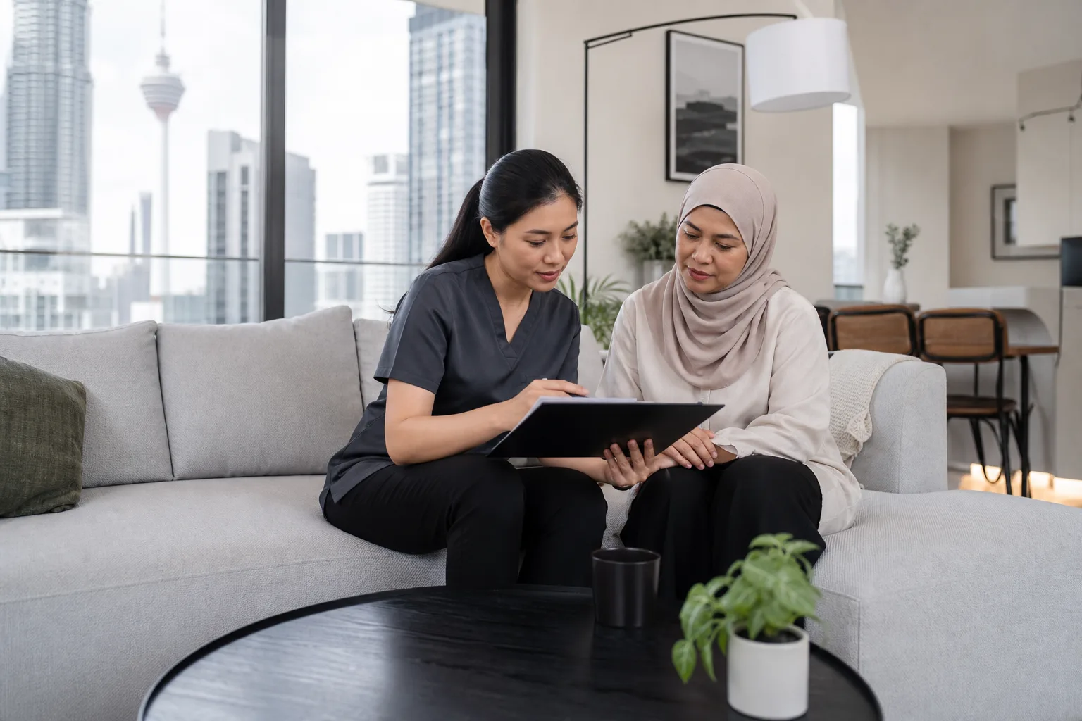 A private nurse reviewing a home care plan with a patient